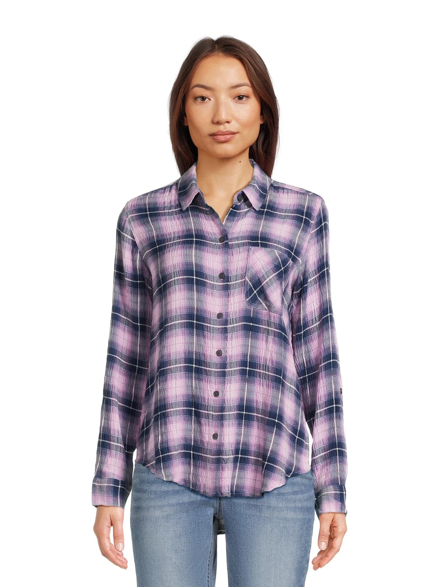 Time and Tru Women's Button Front Soft Shirt with Long Sleeves, Sizes XS-XXXL | Walmart (US)