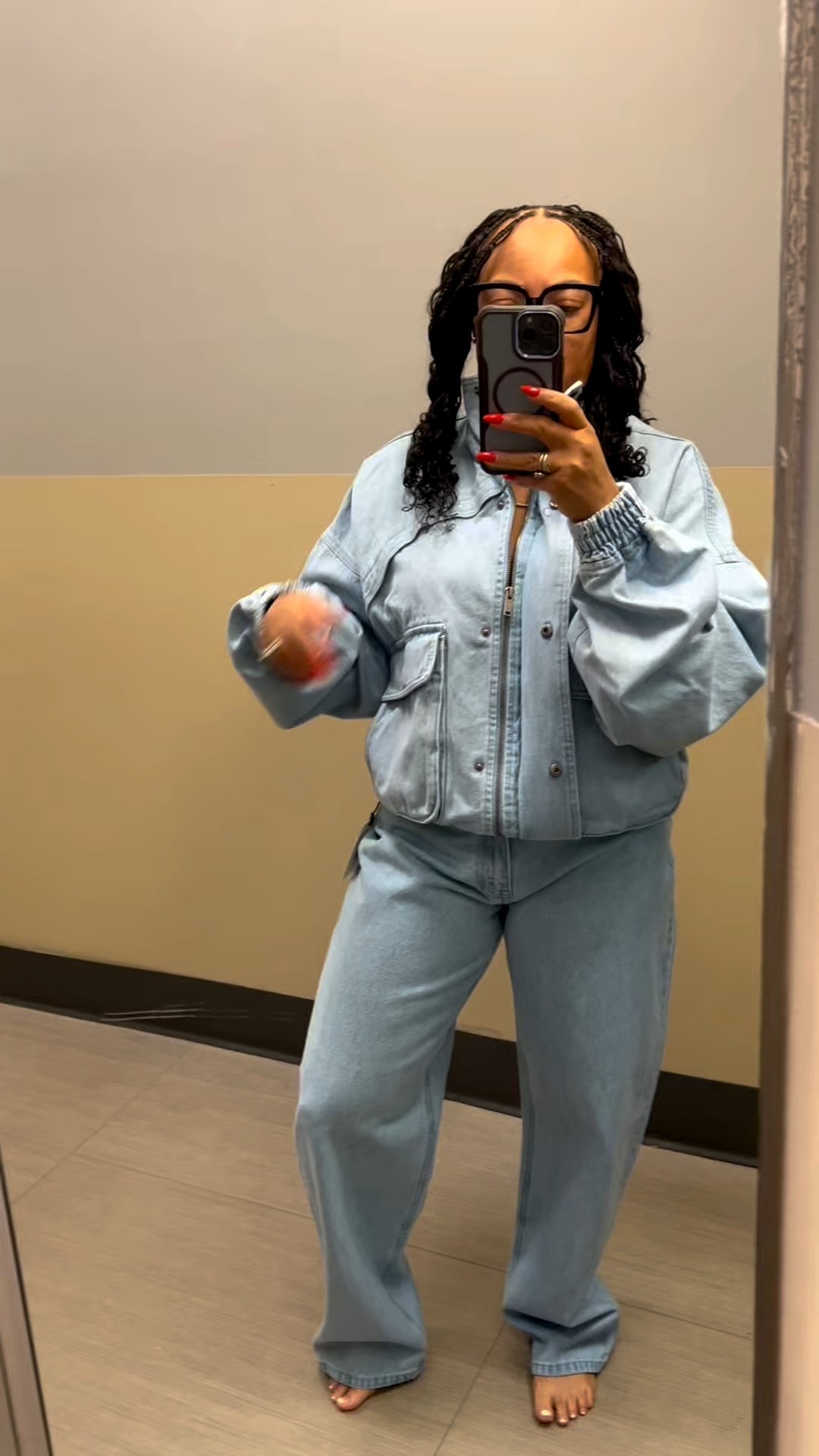 KBB BY KAHLANA DENIM BOMBER JACKET AND LIGHT DENIM JEANS 

#LTKootd #LTKMidsize #LTKgrwm