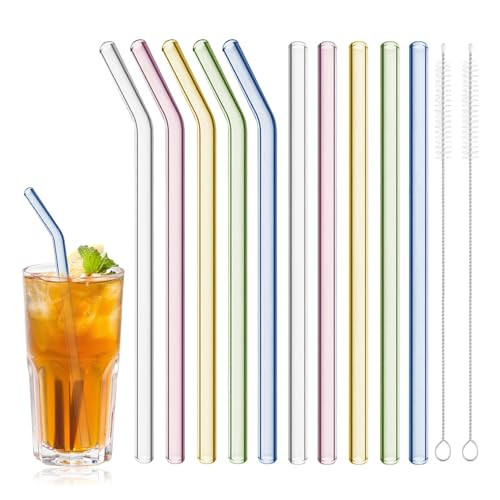 10 Pcs Reusable Glass Drinking Straws, 8” Colorful Glass Straws Shatter Resistant with 2 Cleaning Brush, Set of 5 Straight and 5 Bent Reusable Straw for Beverages, Milk, Juices, Dishwasher Safe | Amazon (US)