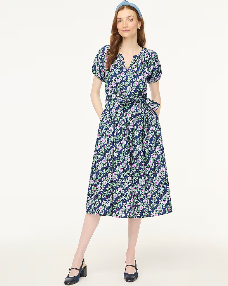 Puff-sleeve tie-waist midi dress | J.Crew Factory