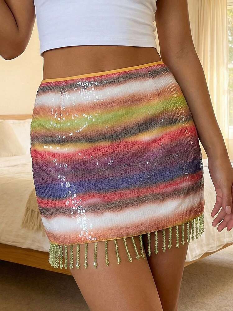 Women's Plus Size Y2k Sexy Mini Skirt Fashion Colorblock Sequin Embellished Skirt Short Skirt Beach Vacation Sparkle Shine Style Glittery Bodycon Pencil Skirt Night Club Streetwear Y2k Clothes | SHEIN