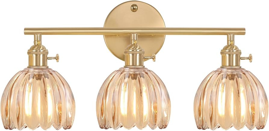 Bathroom Light Fixtures, 3-Light Brass Vanity Wall Light Over Mirror with Amber Tulip Glass Shade... | Amazon (US)