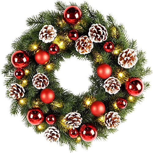 Lulu Home Christmas Front Door Wreath, 15.7" Pre-lit Wreath with Christmas Balls and Pine Cone, Battery Operated 40 LED Light Up Xmas Wreath Decorative Hanging Ornament | Amazon (US)