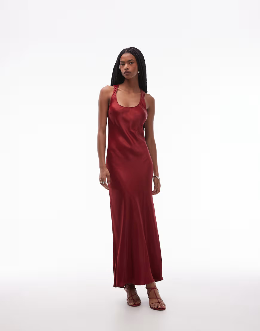 ASOS DESIGN satin scoop neck maxi dress in burgundy-Red | ASOS (Global)