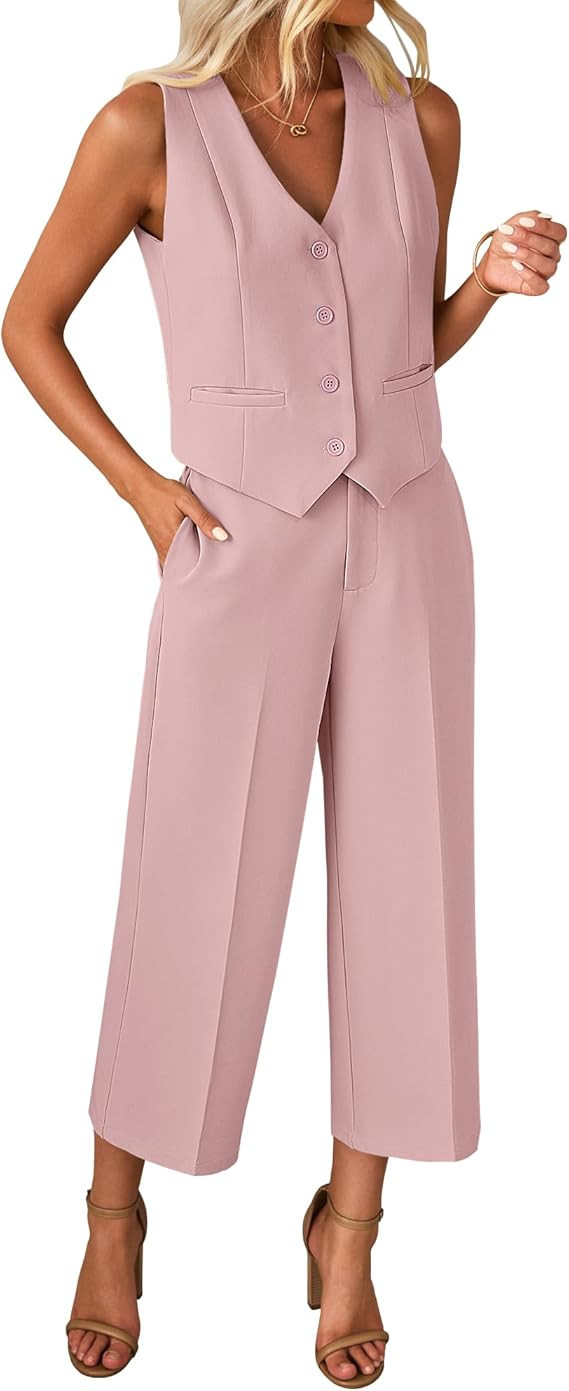 luvamia Pant Suits for Women Dressy Casual 2 Piece Sets Sleeveless Blazer Vest with Wide Leg Capr... | Amazon (US)
