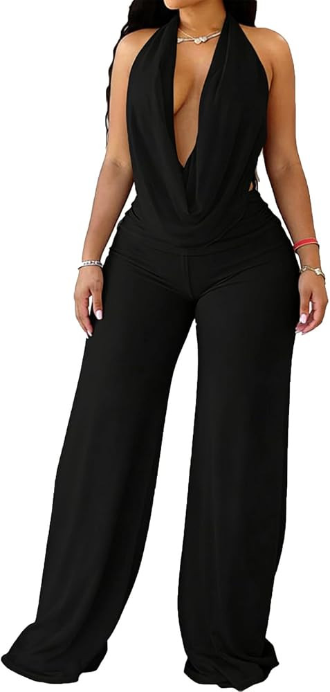 Women Sexy Two Piece Club Outfits Mesh Cowl Neck Top Wide Leg Long Pants | Amazon (US)