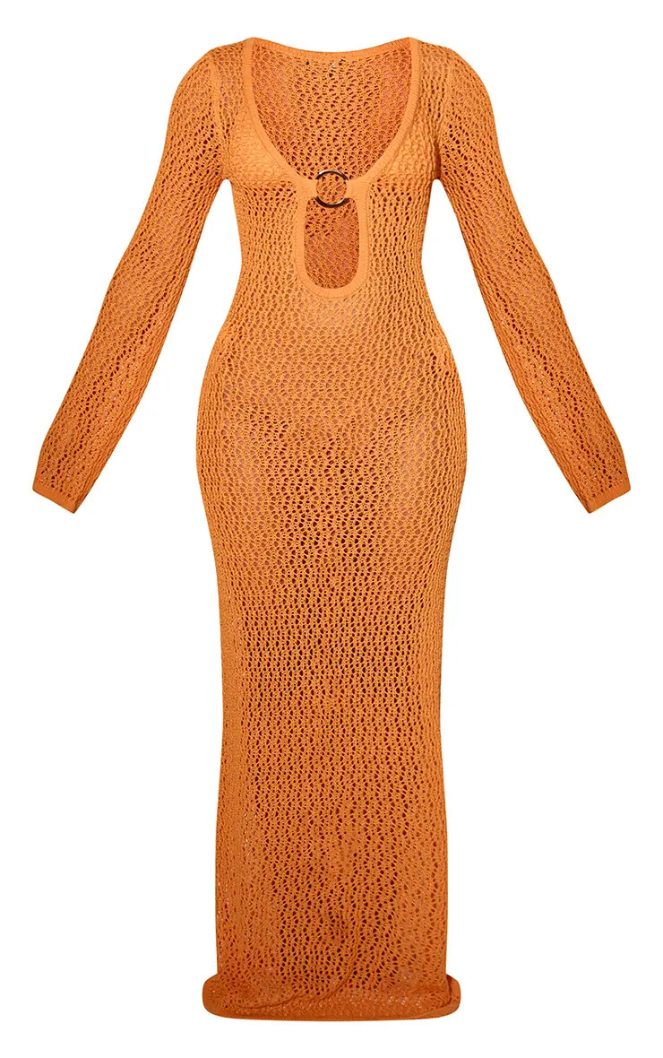 Orange Crochet O Ring Maxi Beach Dress | PrettyLittleThing UK