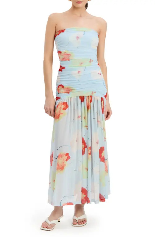 Bardot Solana Floral Strapless Mesh Maxi Dress in Baby Blue Floral at Nordstrom, Size 2 | Nordstrom