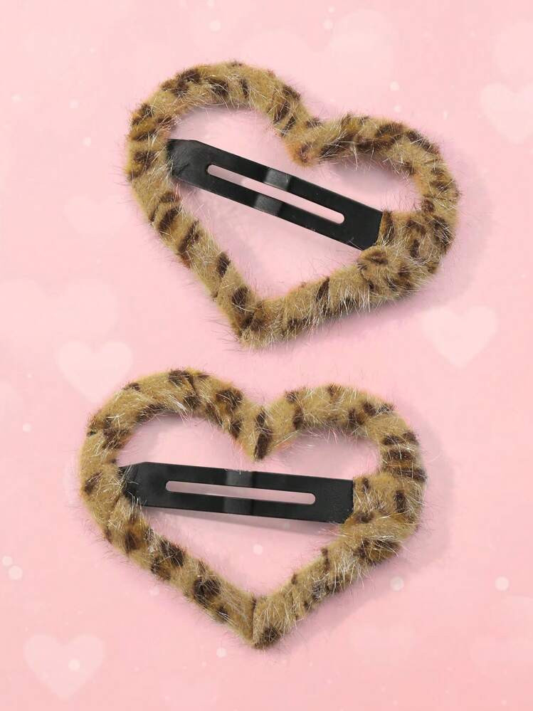ROMWE Kawaii 2pcs Fashionable Leopard Print & Heart Shaped Plush Hairpins, Hair Clip Suitable For Girls And Women, Great For Daily Wear And Gifts Claw Clips Hair Claws Hair Barrettes | SHEIN