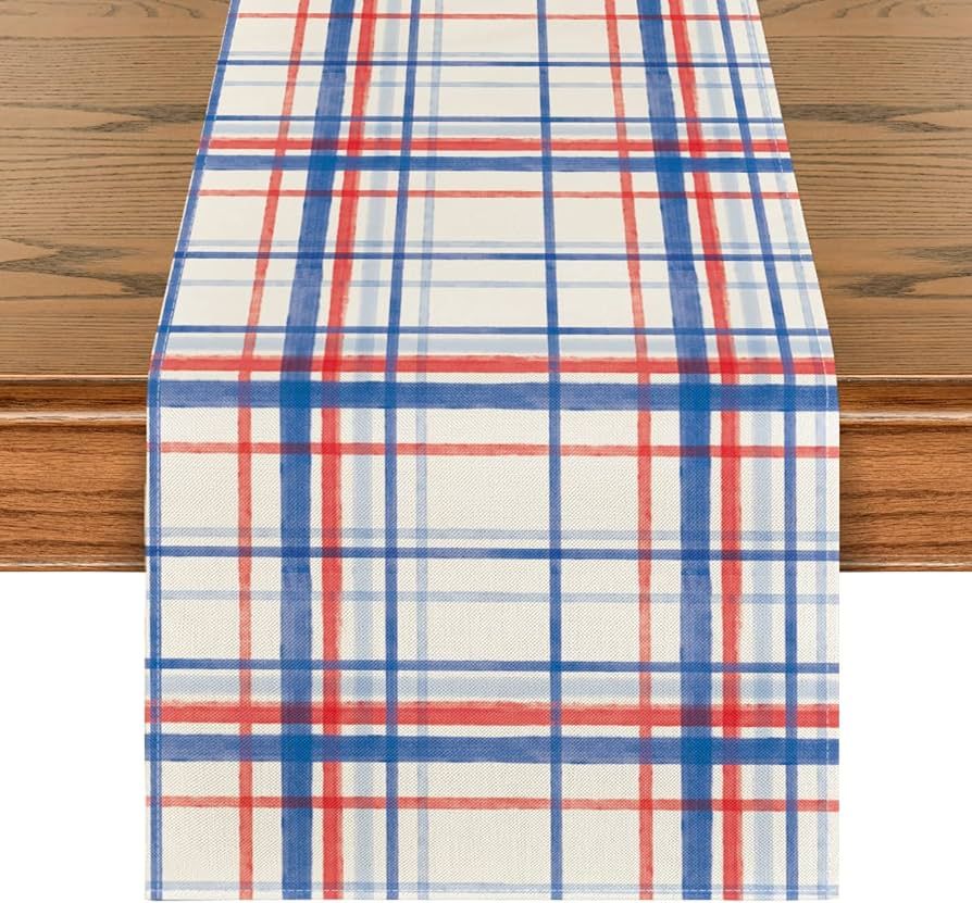Artoid Mode Blue Red Buffalo Plaid 4th of July Table Runner, Patriotic Memorial Day Kitchen Dinin... | Amazon (US)