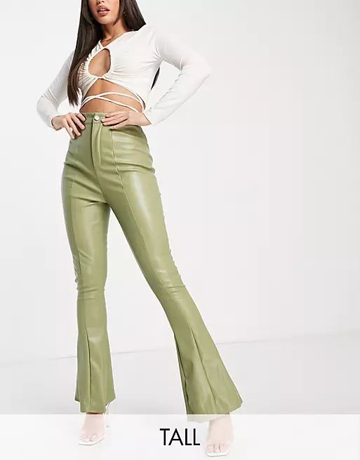 Missguided Tall faux leather kick flare pants in khaki | ASOS (Global)