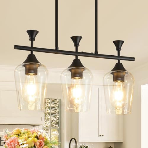 21.2" Dining Room Light Fixture/Chandelier Over Table, 3-Light Matte Black Kitchen Island Lighting with Clear Glass Shade, Modern Hanging Pendant Lights Fixture for Kitchen Island, Dining Room, Bar | Amazon (US)