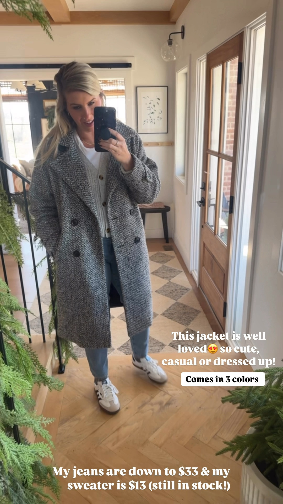 I have been wearing this jacket non-stop, it looks so cute dressed up or down and is warm! I’m wearing an xs, it runs a little bit oversized. Come in 3 colors!

My jeans are on sale, down to $33 and my sweater is on sale for $13!

Sambas are in stock! 