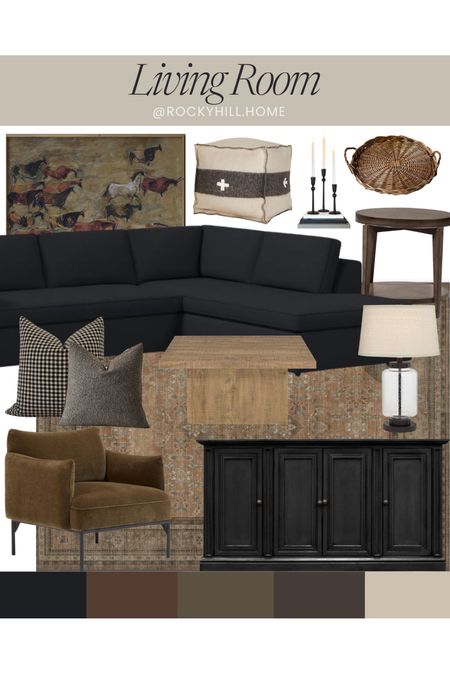 Rustic Living Room Mood Board, west elm black sectional sofa, rustic square pine coffee table, gingham pillow, olive green chair, horses art, cube ottoman, cabin living room 

#LTKstyletip #LTKhome