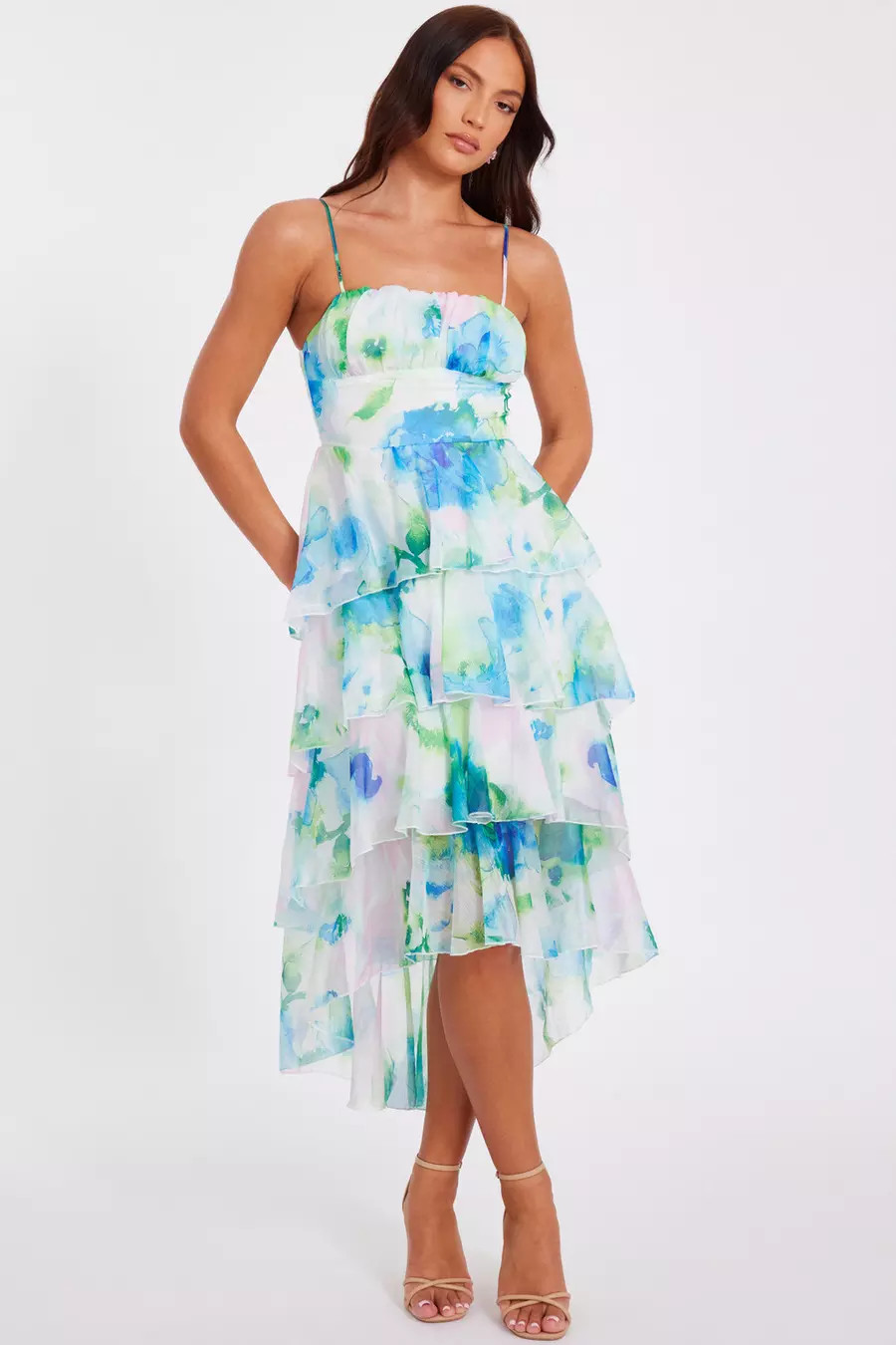 Home/Occasionwear/Blue Floral Tiered Midi Dress | Quiz Clothing