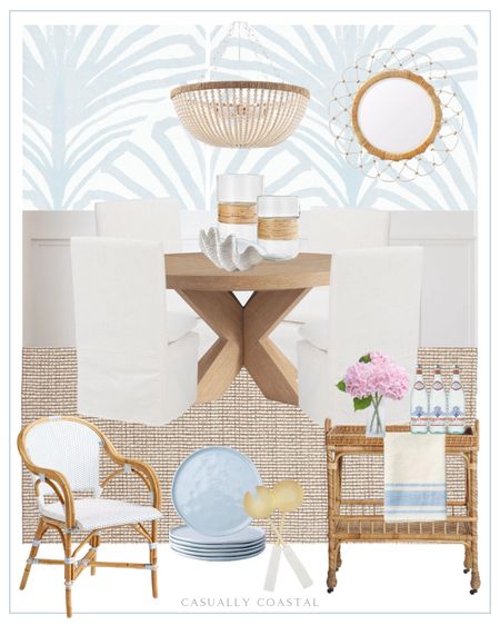 Coastal Dining Room design! The 8’ square rug would be perfect with this table size! 
-
Coastal home, coastal dining room, coastal style, Amazon home decor, round dining table, 60” dining table, coastal dining chairs, artificial hydrangeas, Amazon pink hydrangeas, Amazon hydrangeas, clam shell bowl, dining table decor, Amazon salad servers, gold salad servers, Amazon ceramic plates, salad plates, rattan dining chair, chunky wool jute rug, coastal rug, natural rug, dining room rug, pottery barn rug, coastal wallpaper, blue wallpaper, palm wallpaper, Amazon chandelier, beaded chandelier, pottery barn look for less, coastal chandelier, rattan bar cart, south seas side cart, Serena & Lilly bar cart, linen towel, woven rattan & glass hurricane candleholder, coastal mirror, white dining chairs, upholstered dining chairs, linen dining chair, farmhouse round dining table, extendable dining table, light wood dining table, blue & white wallpaper, affordable dining chairs, dining room furniture, round mirrors

#LTKFindsUnder100 #LTKFindsUnder50 #LTKHome