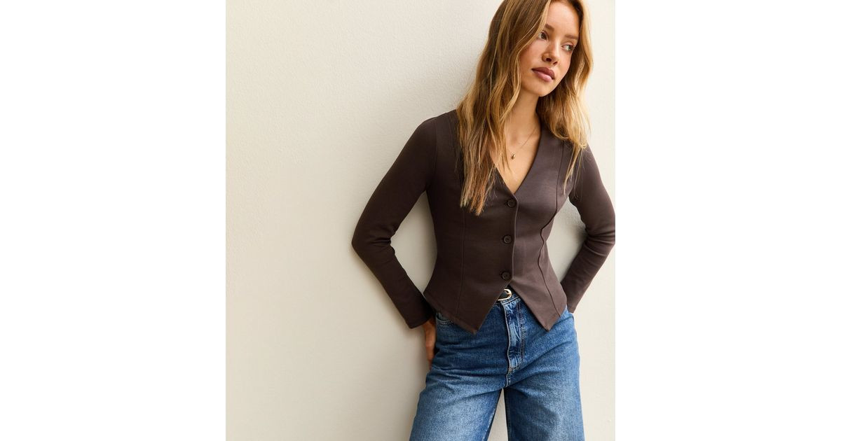 Brown V-Neck Panelled Button Through Long Sleeve Top | New Look | New Look (UK)