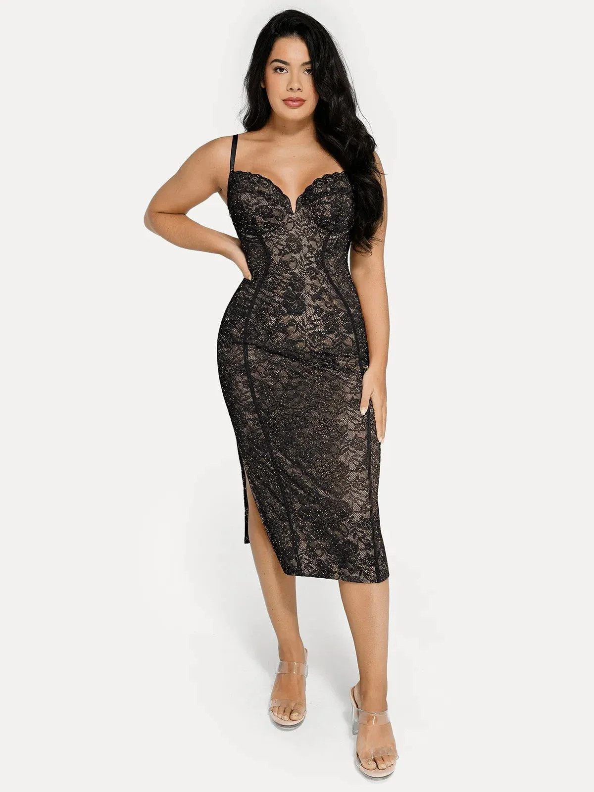 Shapewear All-Lace Hourglass Corset Side Slit Midi Dress | Popilush