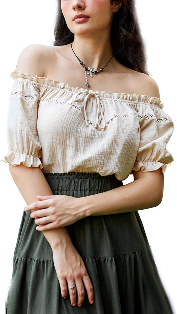SCARLET DARKNESS Peasant Blouse for Women Off Shoulder Puff Sleeve Cotton Loose Summer Tops | Amazon (US)