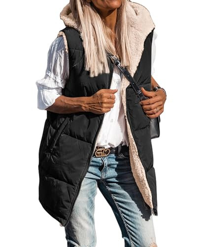 BTFBM Long Puffer Vest Women Fleece Sherpa Jacket Sleeveless Hooded Reversible Zip Up Winter Coat Fall Vests Outerwear(Black, Medium) | Amazon (US)