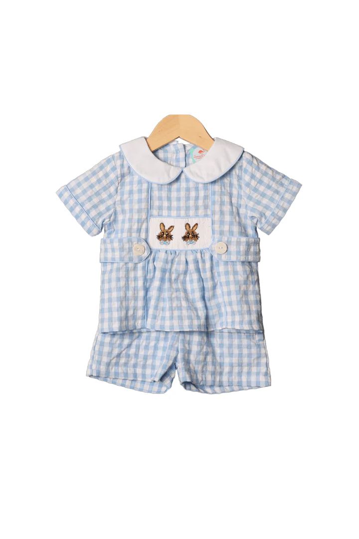 Smocked Bow Tie Bunny Blue Gingham Short Set | The Smocked Flamingo