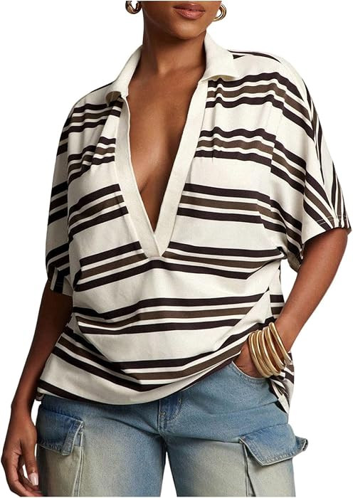 Floerns Women's Striped Half Sleeve Shirts Collared V Neck Oversized T Shirts | Amazon (US)