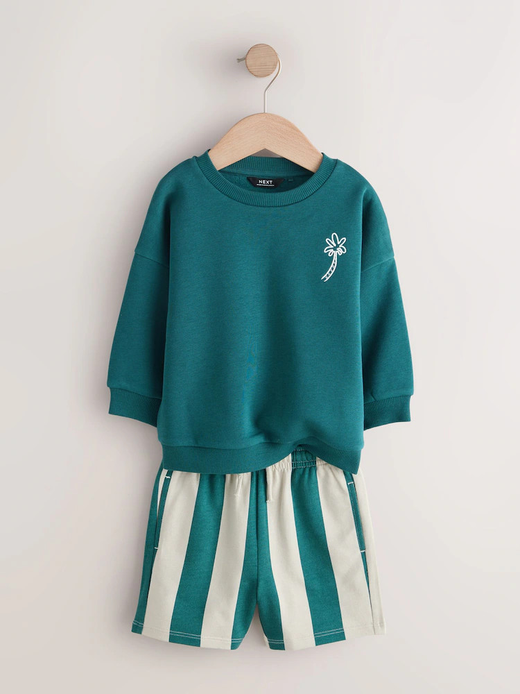 Rust Brown and Teal Crew Neck Sweatshirt and Shorts 2 Pack Set (3mths-7yrs) | Next US