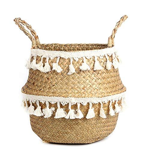 BlueMake Tassel Macrame Woven Seagrass Belly Basket for Storage, Decoration, Laundry, Picnic, Plant  | Amazon (US)