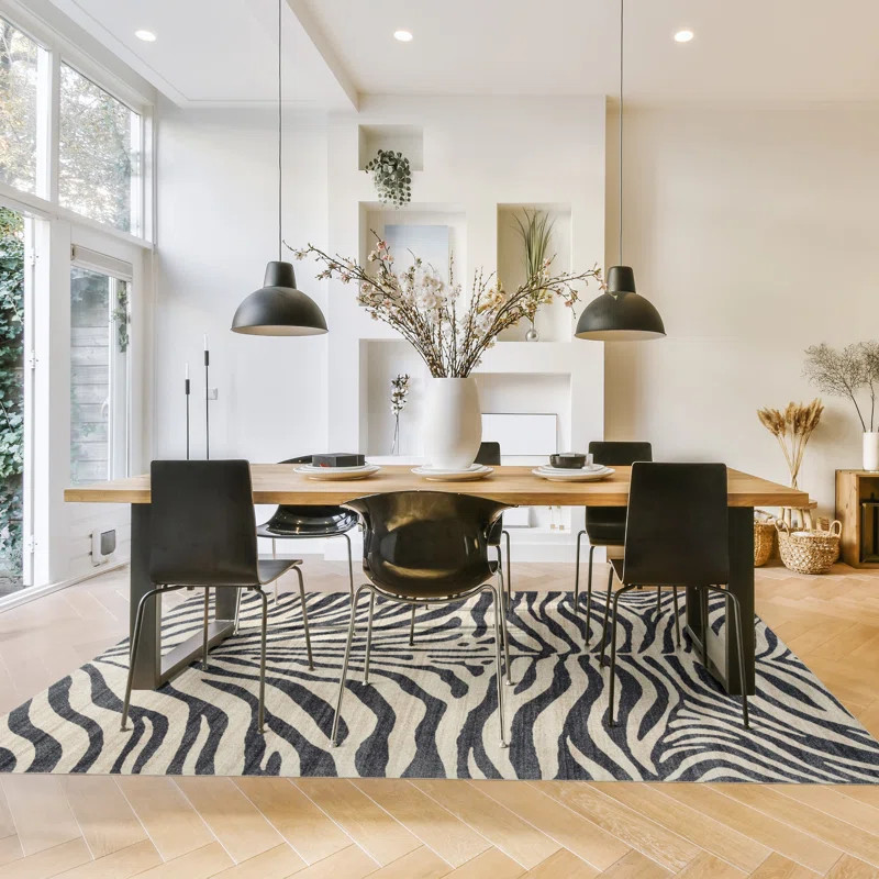 Gertmenian Crystal Print Zebra Black White Modern Animal Print Washable Flat Pile Indoor Area Rug | Wayfair North America