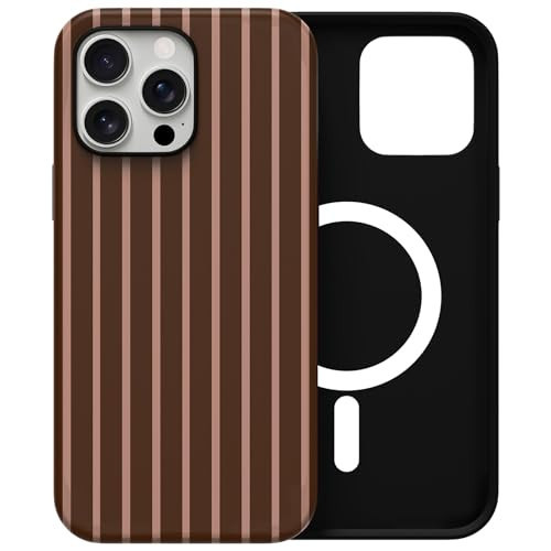 Skyseaco for iPhone 15 Pro Case with Magsafe Cute Striped Phone Case, Shockproof Slim Soft TPU and Hard PC Double Layer Protective Cover for Women, Brown | Amazon (US)
