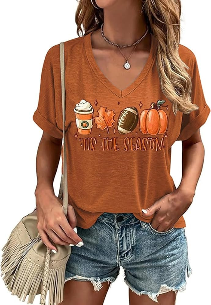 Fall V Neck T Shirt Funny Halloween Thanksgiving Graphic Tee Casual Family Halloween Costume Tops | Amazon (US)