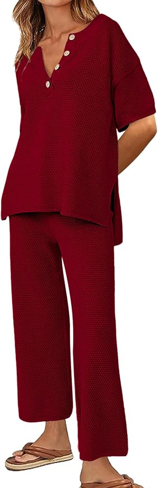 Ekouaer Lounge Set for Women 2 Piece Outfits Knit Short Sleeve Sweater Top Wide Leg Long Pants Pa... | Amazon (US)