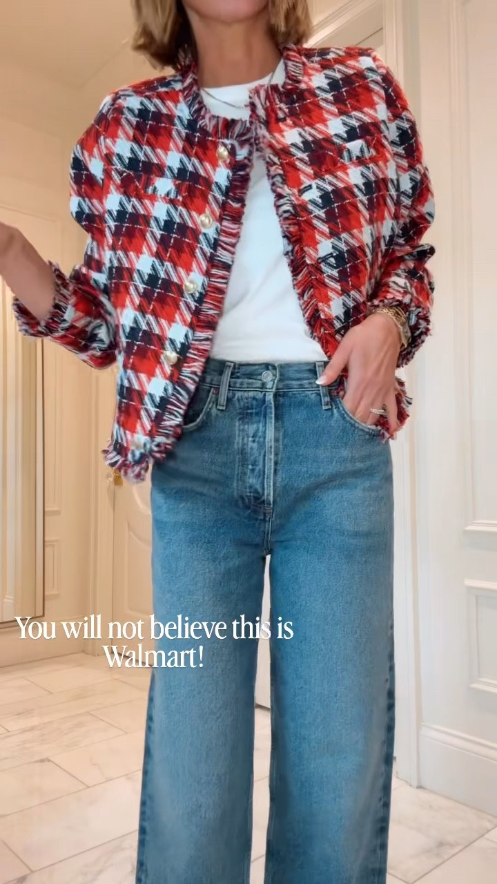You will not believe this tweed jacket is Walmart! Only $42 and I love the colors for fall. I’m 5’7 wearing size small in the jeans and 25 in my jeans, run tts.