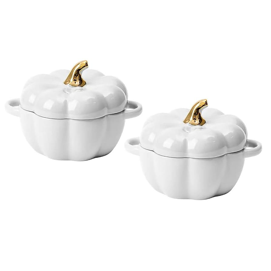 Pumpkin Bowl Set with Lid and Handle, Set of 2 Ceramic Ramekins for Baking, Casserole Dish Indivi... | Amazon (US)