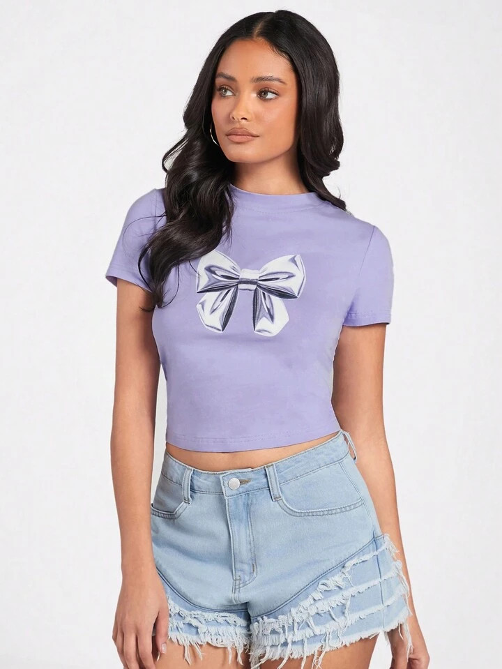 Forever 21 Ladies' Purple Bow Slim Fit T-Shirt | SHEIN