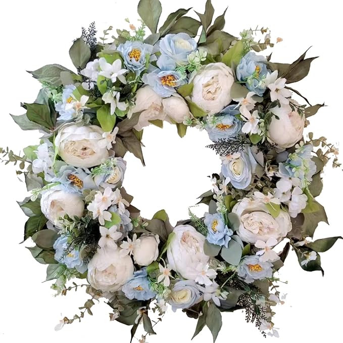 WANNA-CUL 24 Inch Spring White Peony Floral Wreath for Front Door with Baby Blue Rose Flower for ... | Amazon (US)