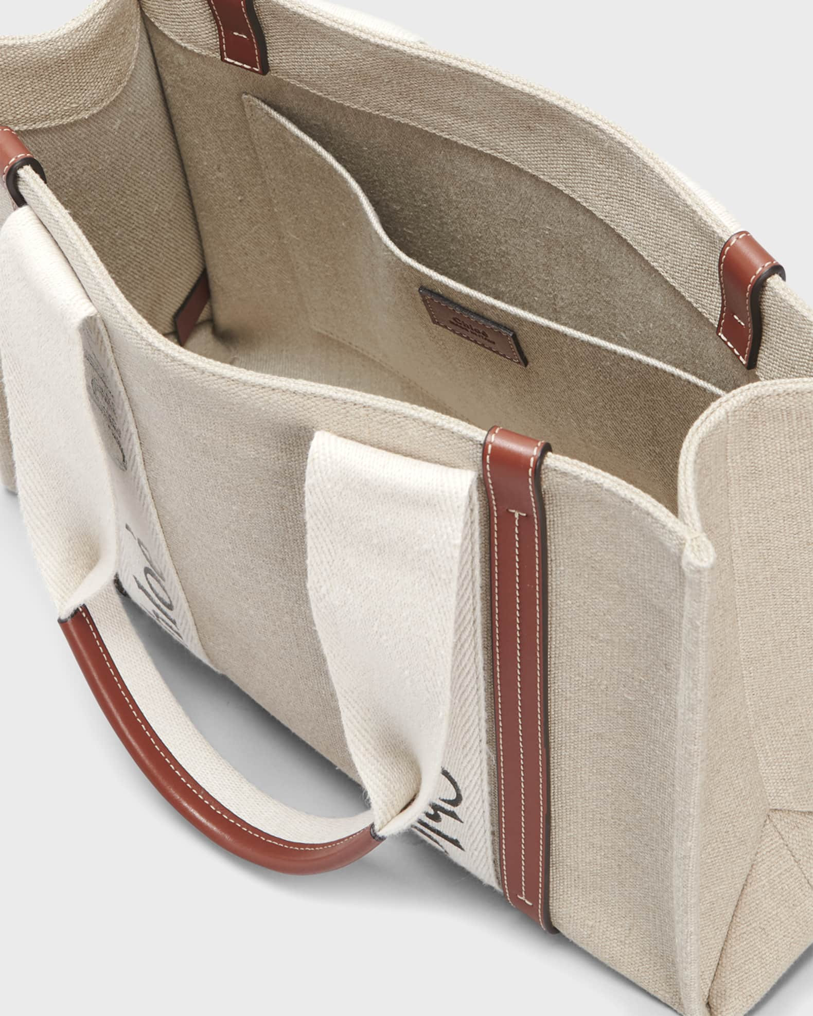 Chloe Woody Medium Linen Leather Tote Bag | Neiman Marcus