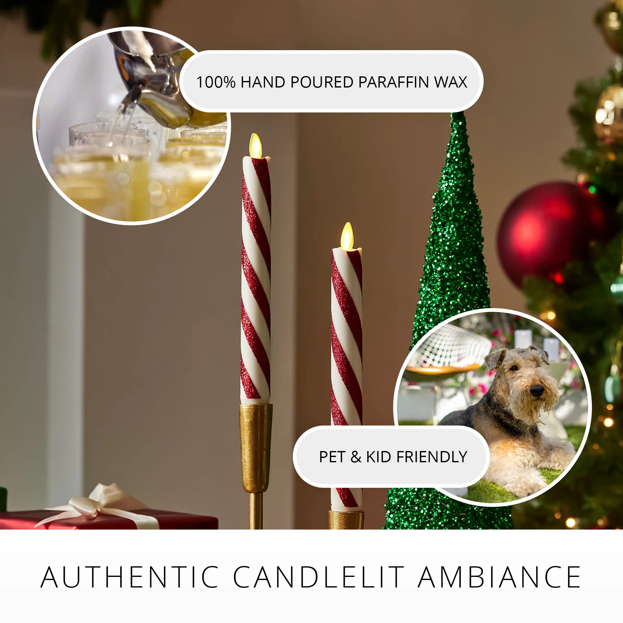 Red Candy Cane Glitter Stripe White Flameless Candle Tapers - Set of 2 | Luminara