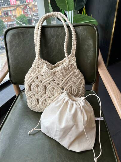 Beige Straw Bag With Inner Pouch Drawstring Design For Summer ,Beach Bag, Perfect For Summer Beac... | SHEIN