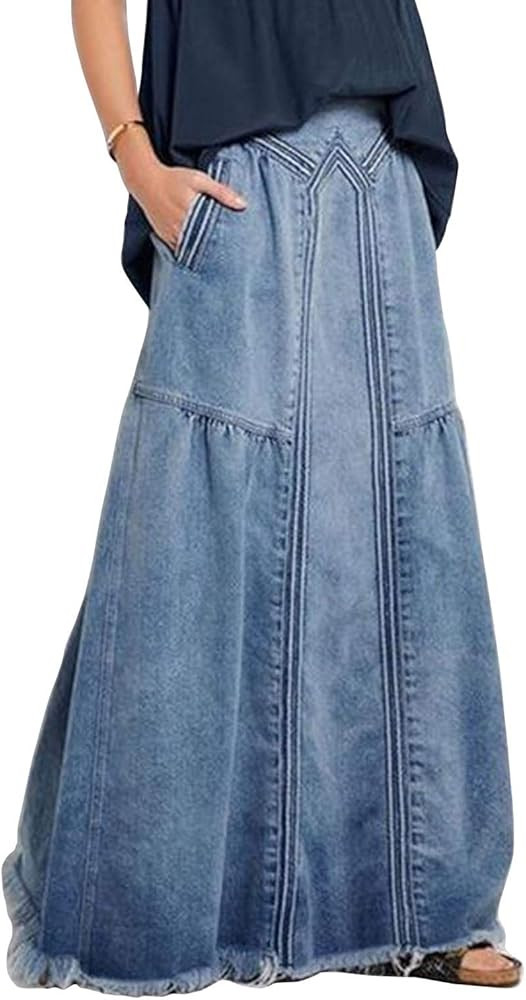ebossy Women's Casual Elastic Waist Frayed Hem A-Line Distressed Hippie Long Maxi Denim Skirt | Amazon (US)