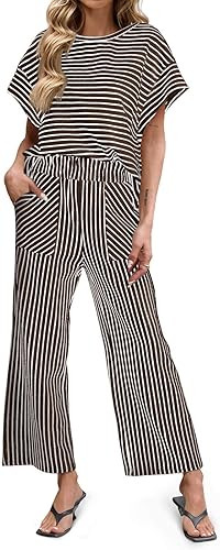 Tankaneo Womens Striped 2 Piece Sets Short Sleeve T Shirts Wide Leg Pants Matching Lounge Set wit... | Amazon (US)