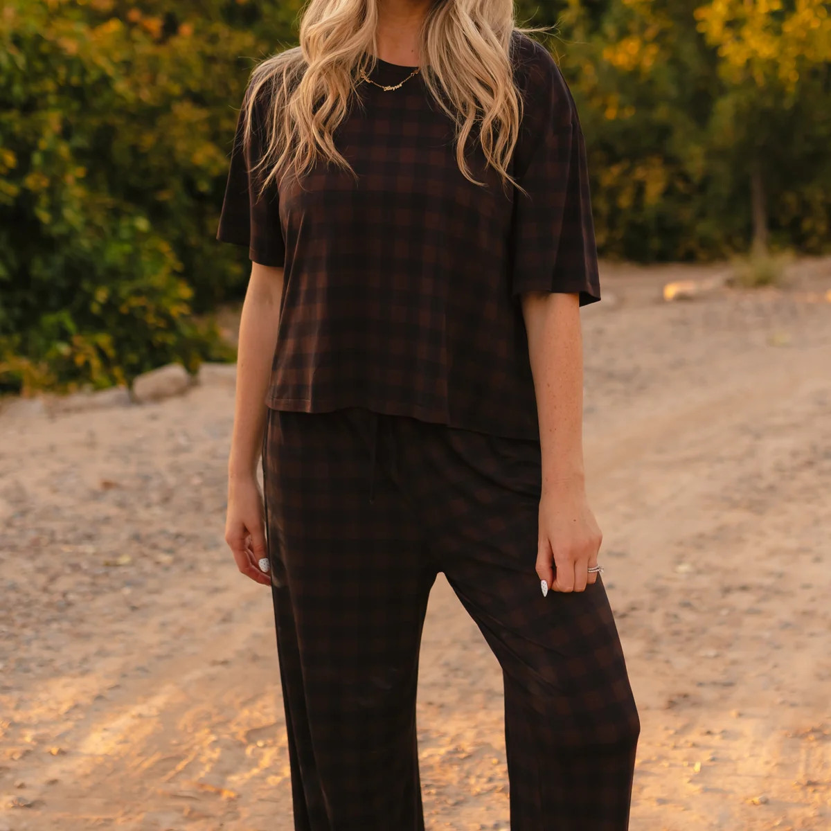 Women's T-Shirt and Pants Set in Brown Gingham | Silks Design