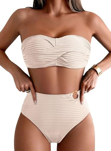 Pink Queen High Waisted Bikini Sets for Women Twist Front Bandeau Top Metal Ring Swimsuits Bathin... | Amazon (US)