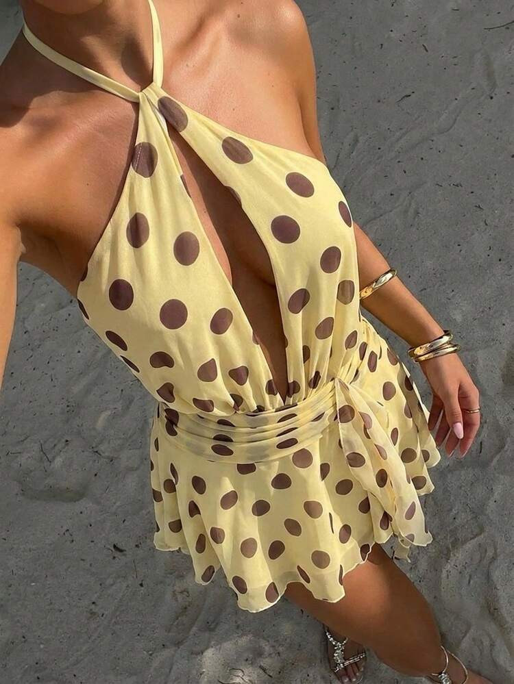Aloruh Women's Summer New Arrival Brown And Yellow Polka Dot Elegant Casual Criss-Cross Halter Ho... | SHEIN