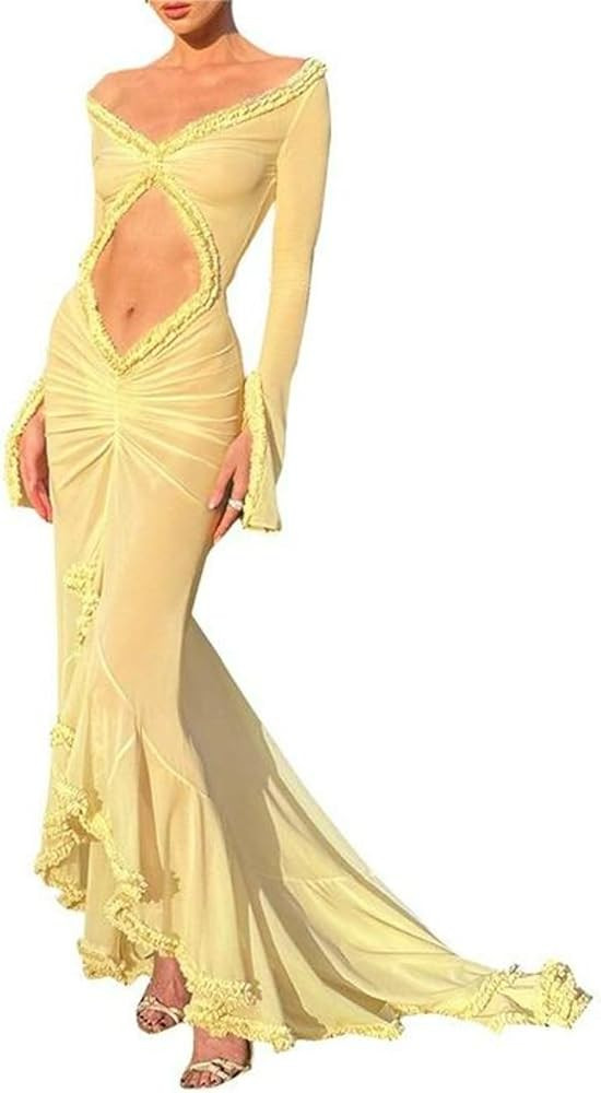 Slip Dress Maxi Dress Ruffle Bodycon Sexy High Slit Dress Cut Out Dress Off The Shoulder Dress Fl... | Amazon (US)