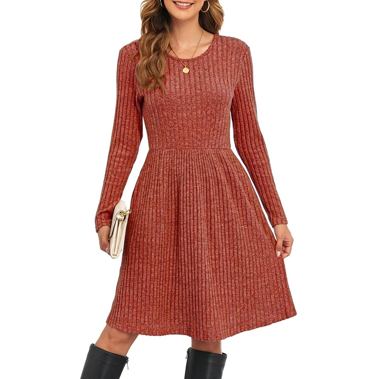 ANYJOIN Women's Knit Sweater Dress Long Sleeve Pleated Loose Casual Dress with Pockets Knee Lengt... | Walmart (US)