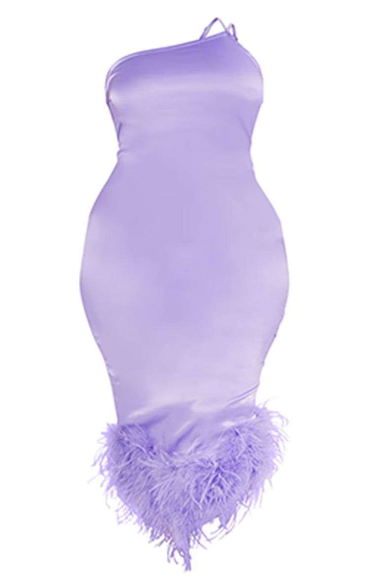 Plus Lilac Satin Feather Trim One Shoulder Midi Dress | PrettyLittleThing US