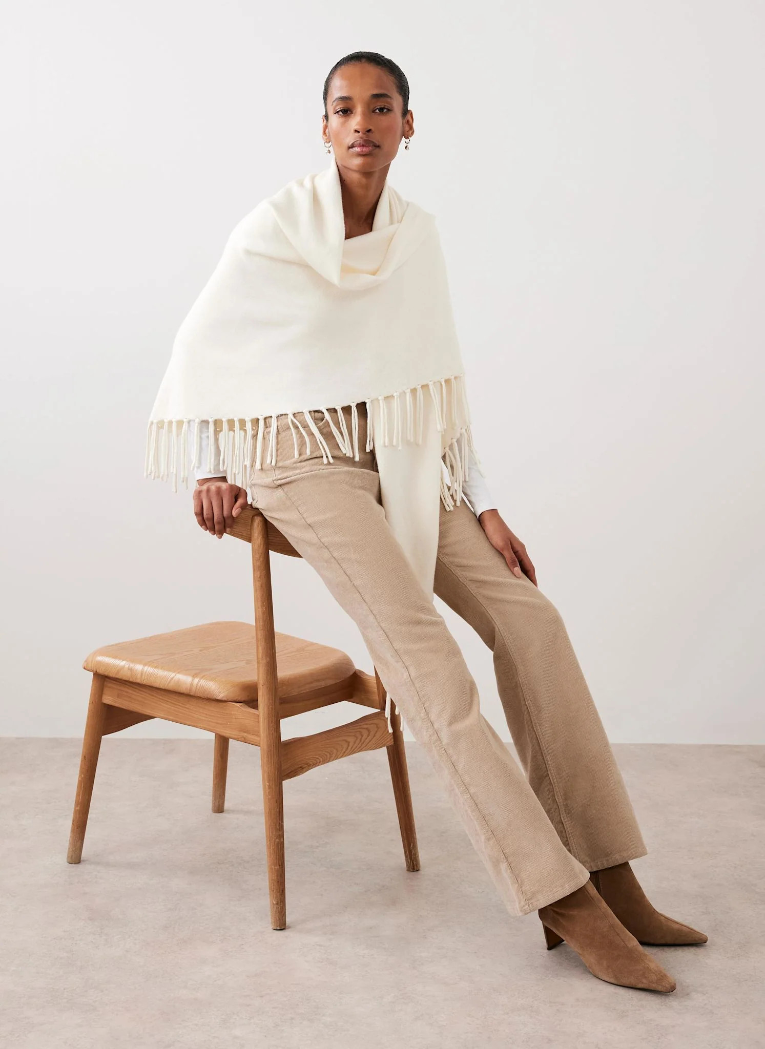 Cream Fringed Triangle Shawl | Mint Velvet