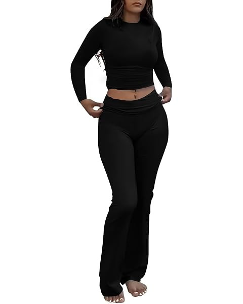 YETOWA Y2K 2 Piece Outfits Tummy Control Long Sleeve Crop Top High Waisted Flare Pants Soft Knit ... | Amazon (US)