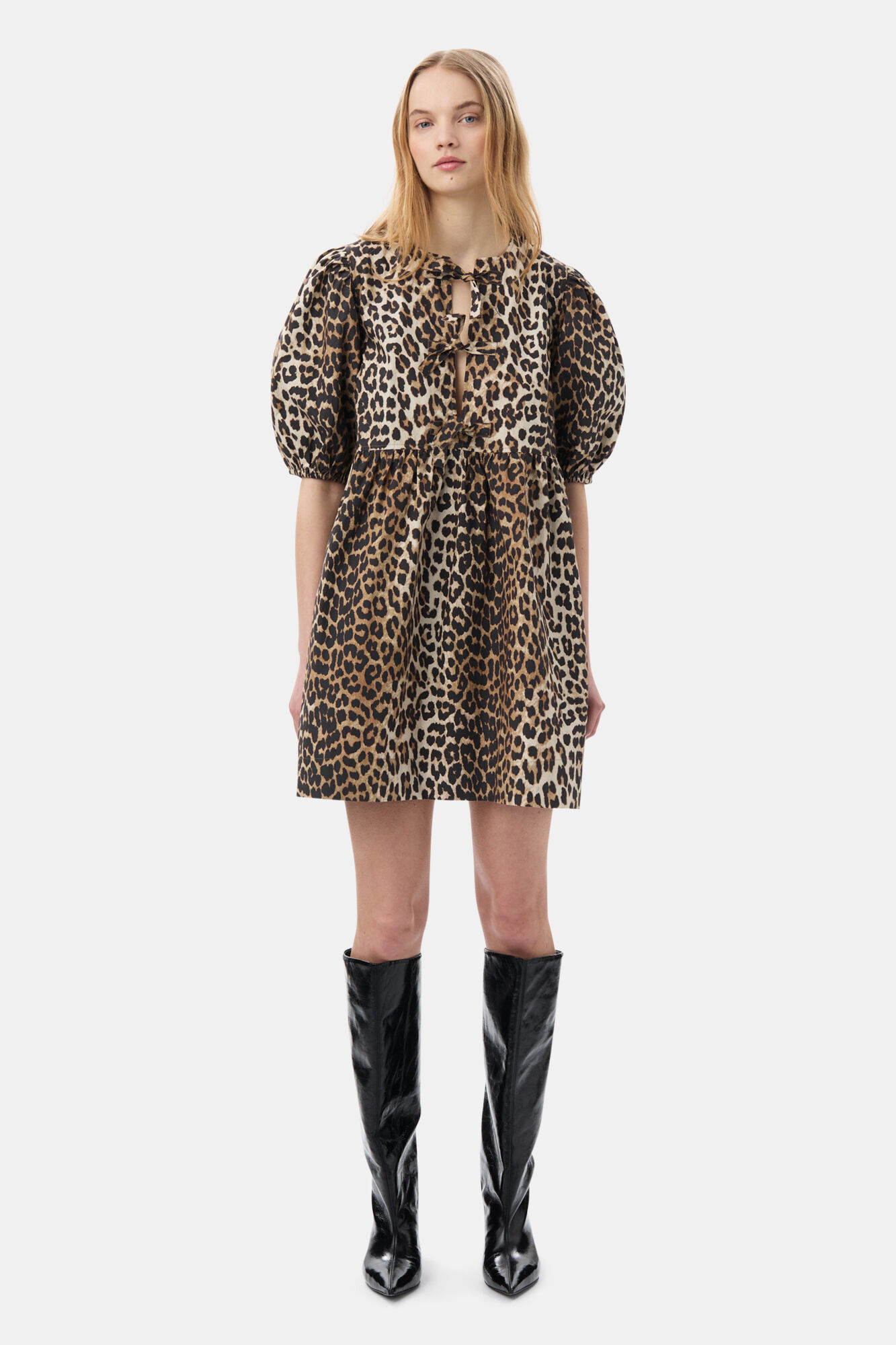 Leopard Printed Cotton Tie String Mini Dress | Ganni